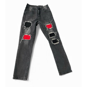 Y2K Style Distressed Black Jeans Ribbed Patch Moto Punk Grunge Streetware Sz 28